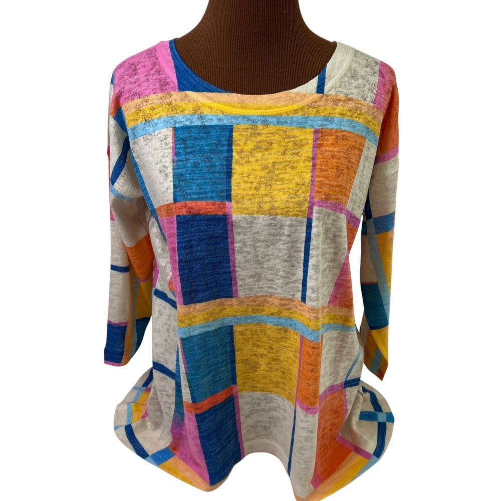 Nally & Millie Womens Small Multicolor Geometric Colorblock 3/4 Sleeve Top USA